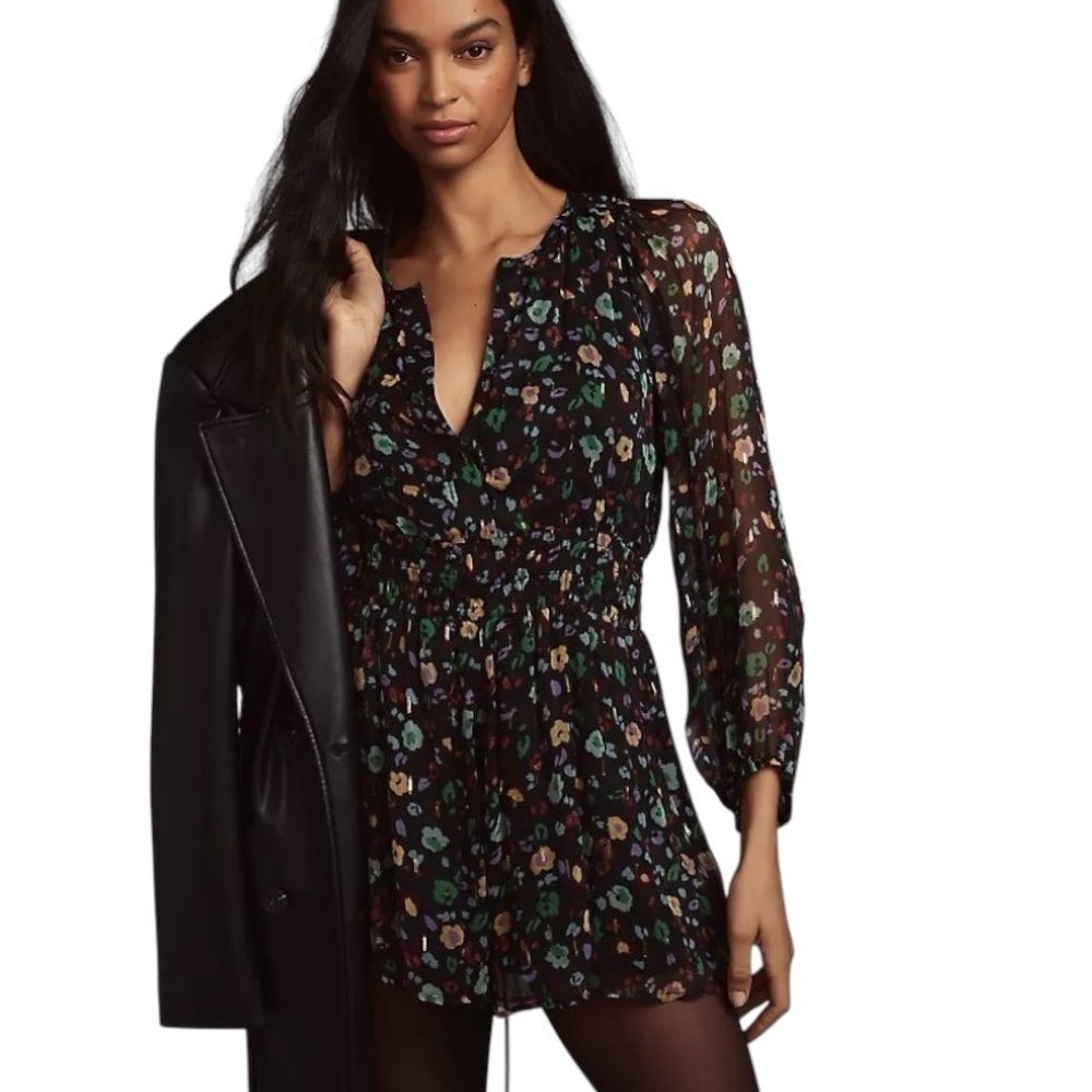 Anthropologie Long Sleeve Feminine Floral Print‎ Somerset Romper Black S